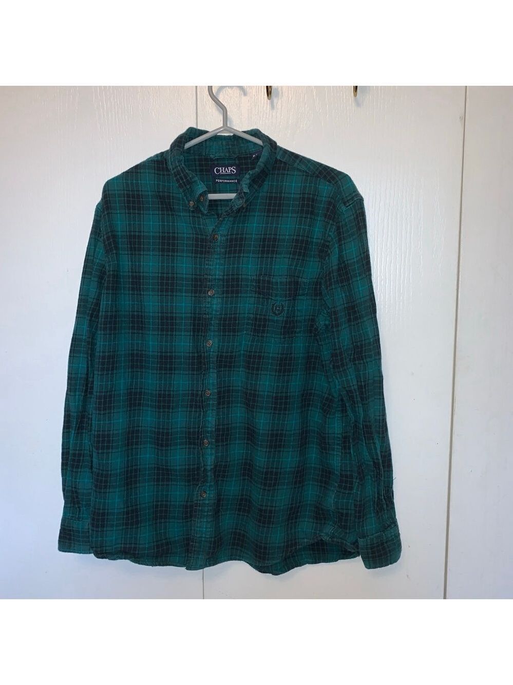 Men's Chaps Casual Button Down Shirt XL Green Black Plaid